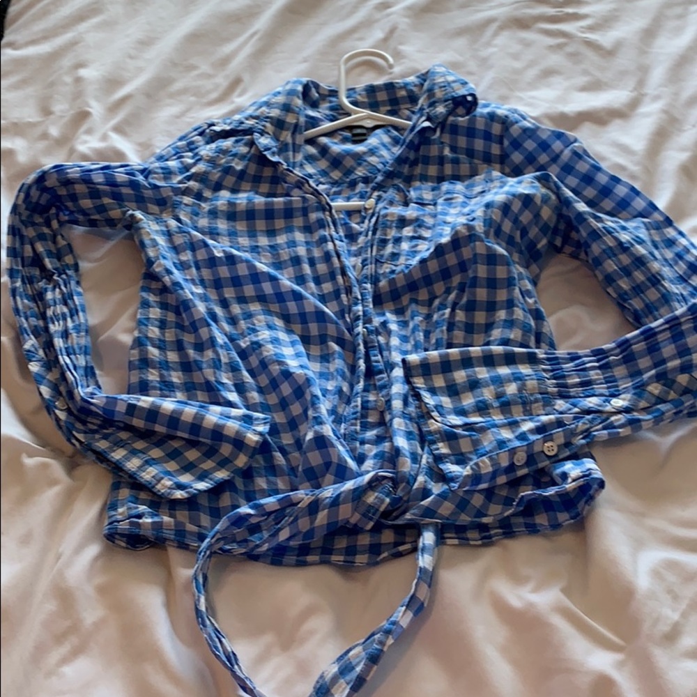 Tie front plaid button down top